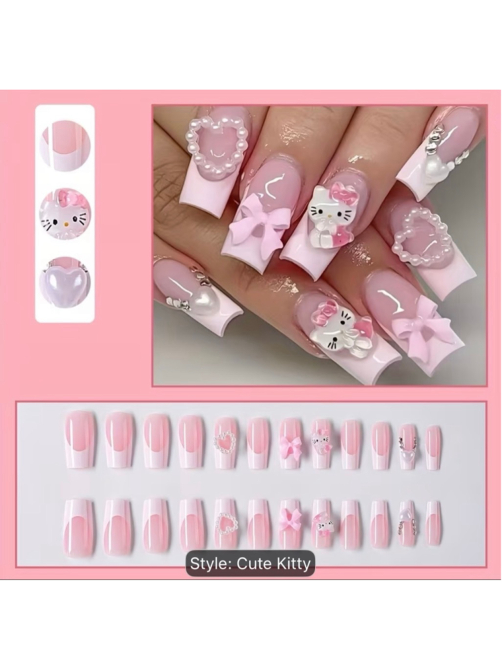 Hello Kitty 24pcs Press-On Nails Kit Hearts, Bows, Rhinestones - Brand New